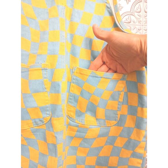 Forever 21 Denim Overall Dress Women Sz L Blue Yellow Check Stretch Mini Skirt - Picture 11 of 16
